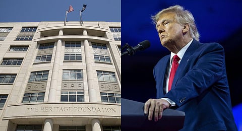 FILE - A collage of former US President Donald Trump and headquarters of the conservative lobbyist organization  Heritage Foundation. (Photo | AP)
