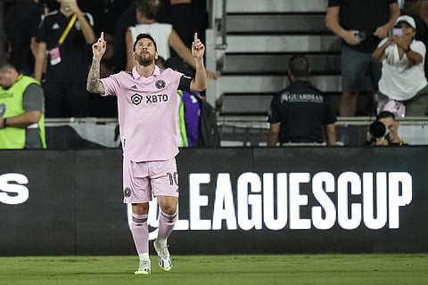 Inter Miami forward Lionel Messi (10) celebrates after scoring against Orlando City during the first half of a Leagues Cup soccer match Wednesday, Aug. 2, 2023. (Photo | AP)