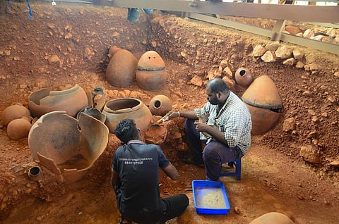 Final touch-ups underway at the iconic on-site museum in Adichanallur ahead of union fiance minister's visit. (Photo | V Karthikalagu, EPS)
