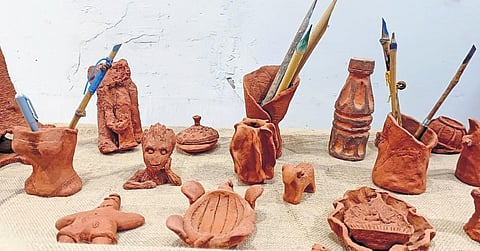 Students show artworks created as part of the Sakavalvu collective to visitors at the College of Fine Arts in Thiruvananthapuram. (Photo | B P Deepu)