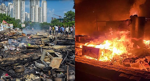 A collage of charred remains of a shop (L) and flames rising from another shop that was set ablaze by miscreants during fresh violence in Gurugram, Haryana, Aug 1, 2023. (Photo | PTI)