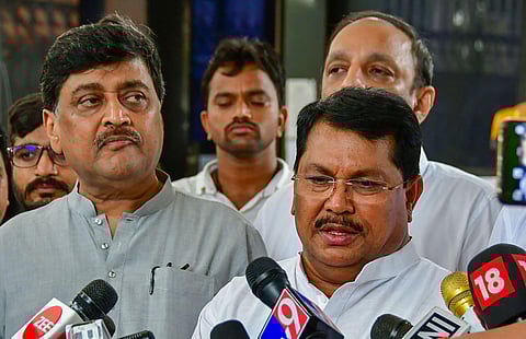 Congress' Ashok Chavan and Vijay Wadettiwar (L) speak after submitting a letter proposing the latter's name for the post of LoP in the Maharashtra Legislative Assembly,  Aug 1, 2023. (Photo | PTI)