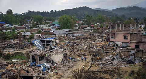 FILE - Dozens of houses lay vandalised and burnt during ethnic clashes and rioting in Sugnu, Manipur, Wednesday, June 21, 2023. (Photo | AP)