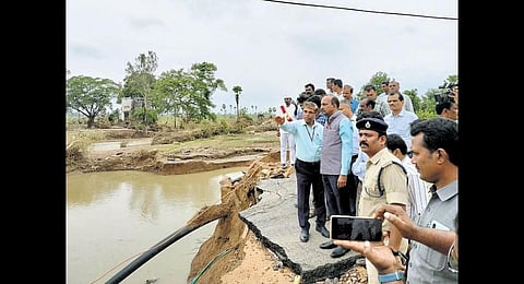 A team of local and central officials inspect the waterlogged areas at Moranchapalle village in Jayashankar Bhupalpally district on Wednesday