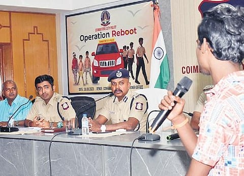 A student speaking at a programme organised by the city police to felicitate dropouts who rejoined schools in Coimbatore | S Senbagapandiyan