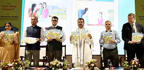 Union Minister for Education, Skill Development and Entrepreneurship Dharmendra Pradhan launches comic book titled 'Let's Move Forward', in New Delhi, Tuesday, Aug. 29, 2023. (Photo | PTI)