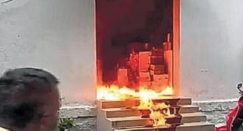 The fire which broke out after a blast in the quality control cell at BBMP office on August 11 | Express