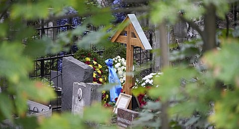 Flowers are seen on the grave of Wagner Group's chief Yevgeny Prigozhin after a funeral at the Porokhovskoye cemetery in St. Petersburg, Russia, Tuesday, Aug. 29, 2023. (Photo | AP)