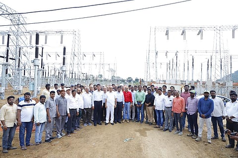 Power utilities employees celebrate the successful test charging of the 400/11 kV substation at Narlapur, which is part of the Palamuru-Rangareddy LIS on Wednesday. (Photo | Express)
