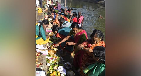 Women taking part in Aadi Perukku festival celebrations in Nagapattinam on Thursday | Express