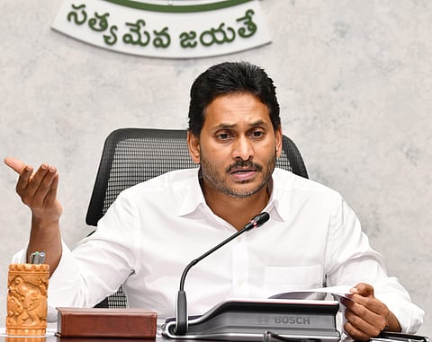 CM YS Jagan Mohan Reddy during video conference with collectors of flood hit districts at his camp office in Tadepalli on Thursday. (Photo | Express)