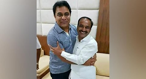 IT Minister KT Rama Rao shares a light moment with BJP MLA Eatala Rajender on Assembly premises on Thursday. (Photo | Express)