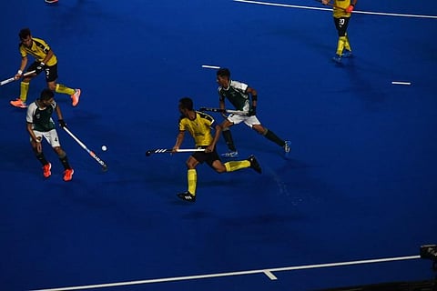 Pakistan, training on the main pitch of the Stadium, stops their practice while Azan is ongoing. After observing silence, they resume the training session.