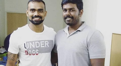 Rajakamal Sivashanmugam (Right) with ex-Indian captain and goalkeeper Sreejesh.(Photo | Special Arrangement)