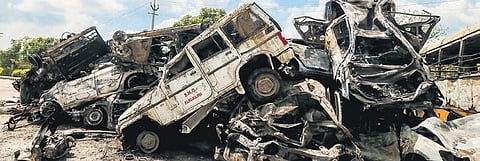 Wreckage of vehicles that were set on fire during the communal clashes in Nuh