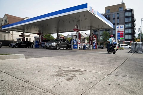 Blood stains the sidewalk at the gas station where O’Shae Sibley was stabbed to death,  August 3, 2023. (Photo | AP)