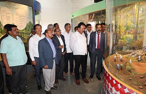 Agriculture Minister N Cheluvarayaswamy looks at an exhibit at the new Agricultural Sciences Museum at the GKVK campus on Thursday. (Photo | Express)