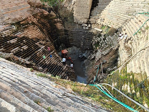Excavation works of Pedda Koneru at Sri Lakshmi Narasimha Swamy temple in Mangalagiri. (Photo | Express)