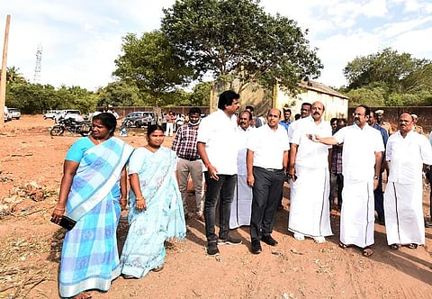 Thangam Thennarasu, Minister for Finance and in-charge of the Archaeology Department (second from right) on Friday inspecting the site where the Grand Chola Museum is to be located. Express