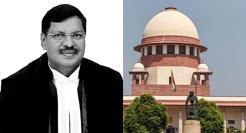 A collage of the Supreme Court of India and Justice BR Gavai (L), who is in line to become the CJI on May 14th, 2025. (Photos | PTI, main.sci.gov.in)