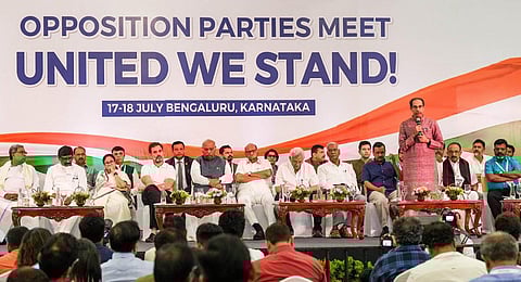 FILE - The second meeting of the alliance of Opposition parties - Indian National Developmental Inclusive Alliance (INDIA), in Bengaluru on July 18, 2023. (Photo | PTI)
