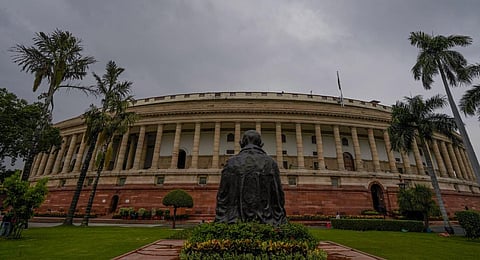 FILE - An image of the Parliament building during the ongoing Monsoon Session, in New Delhi, Friday, Aug. 4, 2023. (PTI Photo)