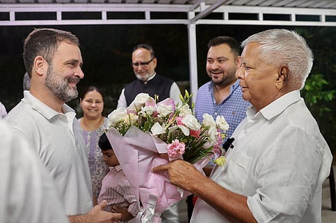 Congress leader Rahul Gandhi is greeted by RJD chief Lalu Prasad Yadav, in New Delhi, Friday, Aug. 4, 2023. (Photo | PTI)