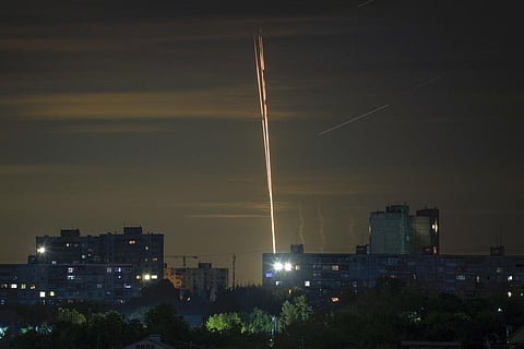 Representational Image: Russian rockets are launched against Ukraine from Russia's Belgorod region, seen from Kharkiv, Ukraine, Sunday, July 16, 2023. (Photo | AP)