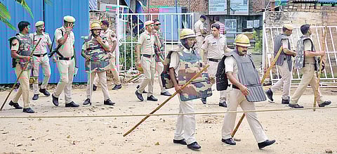 Representational Image: Police personnel outside the mosque that was set ablaze in Gurugram in the wee hours, August 1, 2023. (Photo | PTI)