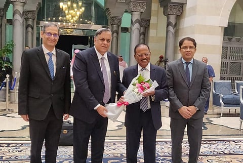 NSA Ajit Doval is welcomed on his arrival to take part in National Security Advisors' meeting on Ukraine, in Jeddah. (Photo | PTI) 
