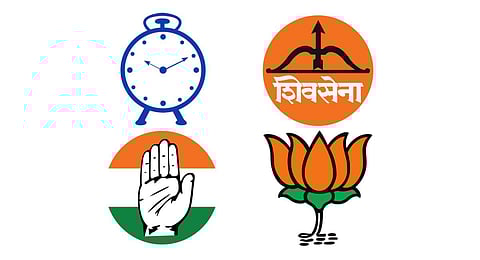 The logos of NCP, Shiv Sena, Congress and the BJP, used for representational purposes only. (Photos | Wikimediacommons)
