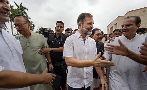Congress MP Rahul Gandhi arrives at the Parliament House complex during Monsoon Session, in New Delhi, Monday, Aug. 7, 2023. (Photo | AP)