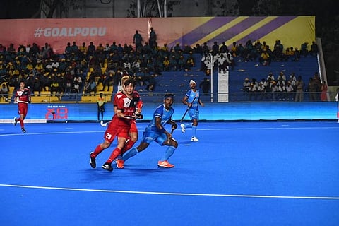 S Karthi in action against South Korea during an Asian Champions Trophy match on Monday. (Photo |EPS, P Ravikumar)