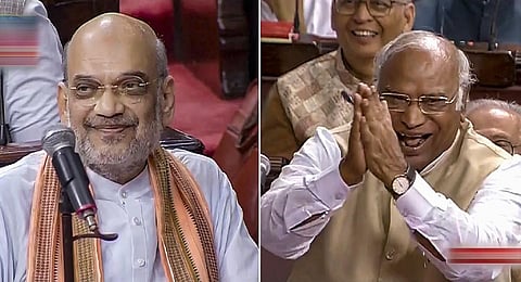 Union Home Minister Amit Shah and Leader of Opposition Mallikarjun Kharge during the debate in Rajya Sabha. (Photo |PTI)