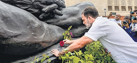 Rahul Gandhi pays tribute to Mahatma Gandhi at Parliament House complex. (Photo | PTI)