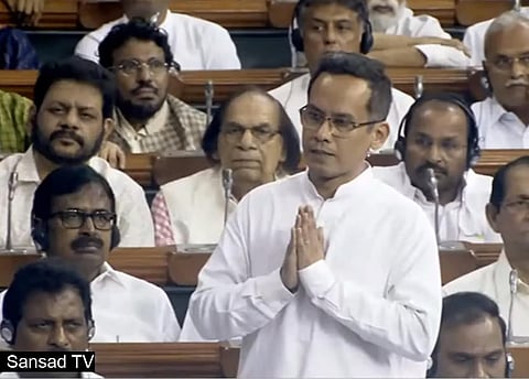 Gaurav Gogoi presenting the no-confidence motion on behalf of the INDIA alliance (Screengrab from Sansad TV)