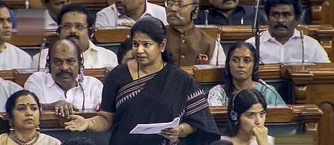 DMK member Kanimozhi participates in the discussion on the Motion of No-Confidence in the Lok Sabha during the Monsoon session of Parliament (Photo | PTI)