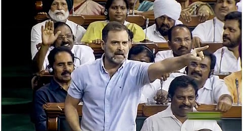Congress MP Rahul Gandhi speaks on the Motion of No-Confidence in the Lok Sabha during the Monsoon session of Parliament. (Photo | PTI)