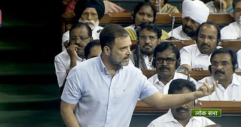 Congress MP Rahul Gandhi speaks on the Motion of No-Confidence in the Lok Sabha during the Monsoon session of Parliament. (Photo | PTI)