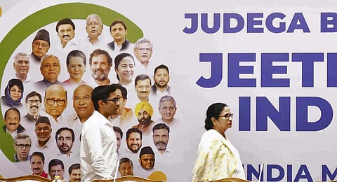 West Bengal CM and TMC supremo Mamata Banerjee with party leader Abhishek Banerjee during the INDIA alliance meeting, at a hotel in Mumbai, Thursday, Aug. 31, 2023. (PTI)