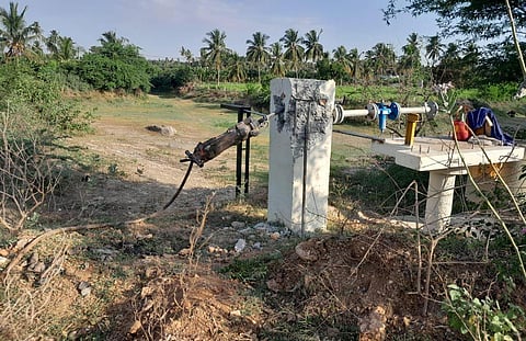 Farmers alleged that officials from water resourses department removed pipelines from pond meant for AAP and said it was excluded from project.(Photo | Express)