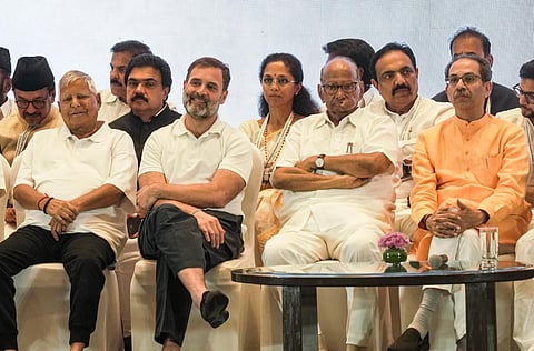 Congress leader Rahul Gandhi, NCP chief Sharad Pawar, Shiv Sena (UBT) chief Uddhav Thackeray, RJD chief Lalu Prasad Yadav and other opposition leaders during the INDIA meeting (Photo | PTI)