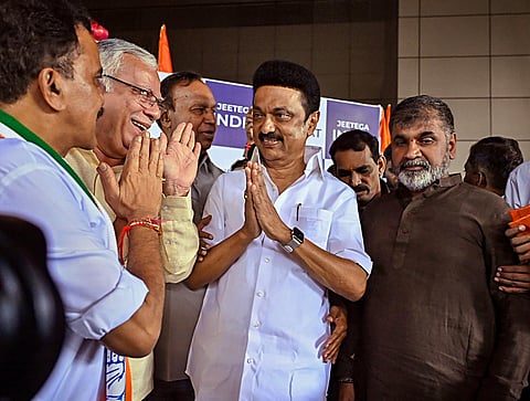 Tamil Nadu Chief Minister MK Stalin being welcomed upon his arrival at Chhatrapati Shivaji Maharaj International Airport ahead of the I.N.D.I.A bloc meeting, in Mumbai. PTI)