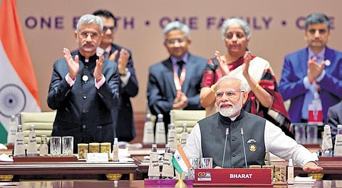 Prime Minister Narendra Modi at a session on ‘One Family’ during the two-day G20 Summit, in New Delhi on Saturday | PTI