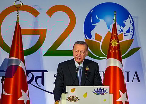 Turkiye's President Recep Tayyip Erdogan addresses a press conference on the sidelines of the G20 Summit at Bharat Mandapam, in New Delhi, Sunday, Sept. 10, 2023. (PTI)