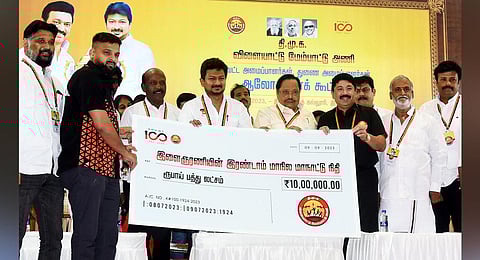 Sports Minister Udhayanidhi Stalin and senior leaders at the DMK’s sports wing office-bearers meeting  in Chennai. (Photo | P Ravikumar)