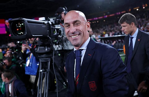(FILES) President of the Royal Spanish Football Federation Luis Rubiales (C) reacts at the end of the 2023 Women's World Cup final football match between Spain and England. (Photo | AFP)