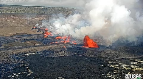 In this screen grab from webcam video provided by the U.S. Geological Survey, Kilauea, one of the most active volcanoes in the world, erupts in Hawaii. (Photo | AP)