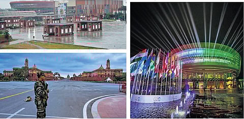 (Clockwise from left) A view of Bharat Mandapam, venue of the G20 Summit. The venue continued to wear a colourful look on Sunday night; a security personnel stands guard. (Photo | Special arrangement)