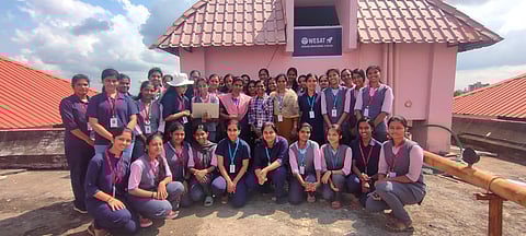 Members of the Space Club of LBS Institute of Technology for Women at the WESAT ground monitoring station set up on the campus in Thiruvananthapuram. (Photo | Express)